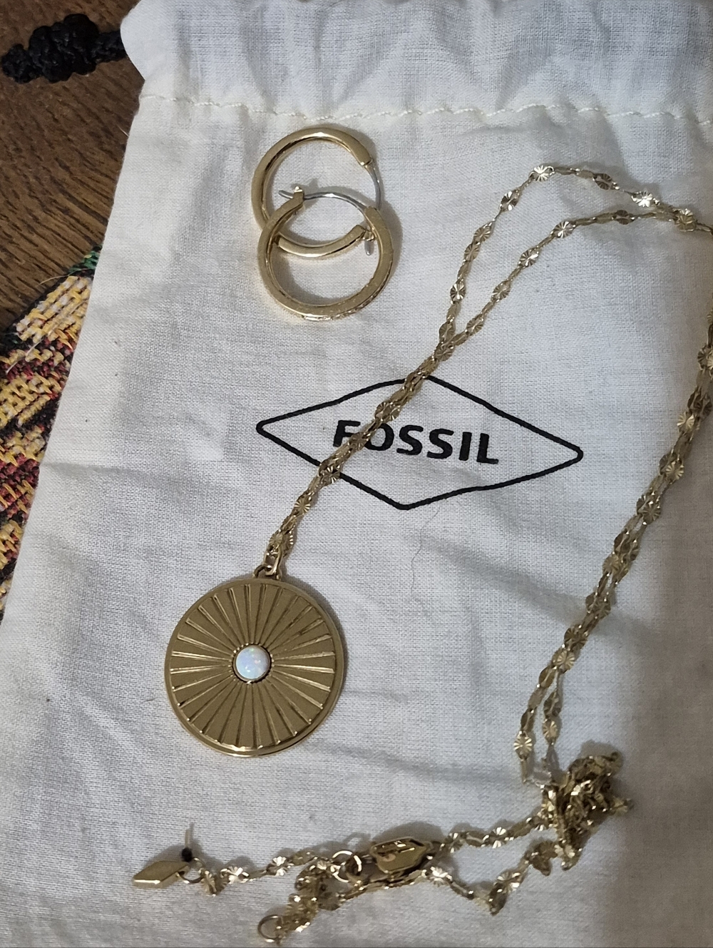 Fossil Gold Sunburst Necklace and Hoop Earrings Set